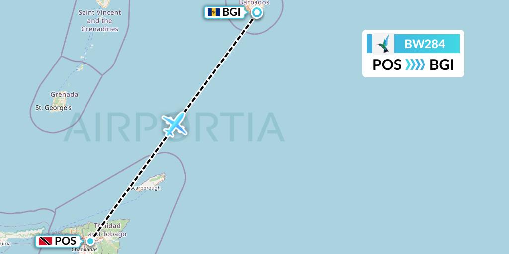 BW284 Caribbean Airlines Flight Map: Port of Spain to Bridgetown