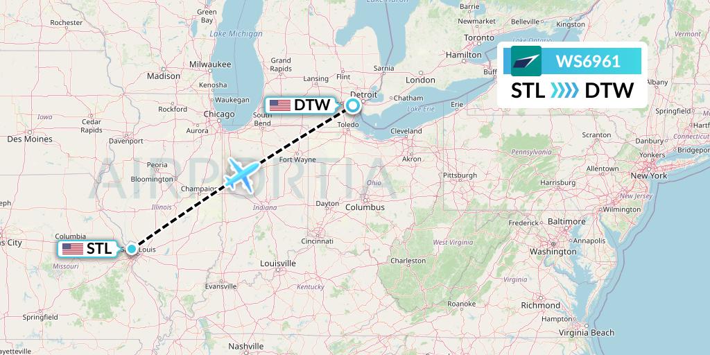 WS6961 WestJet Flight Map: St. Louis to Detroit