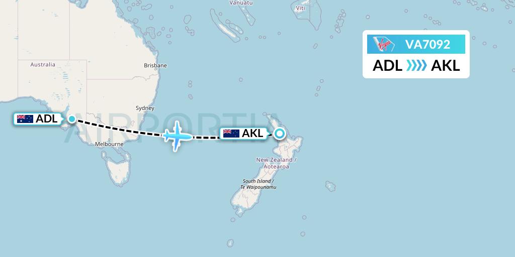 VA7092 Virgin Australia Flight Map: Adelaide to Auckland