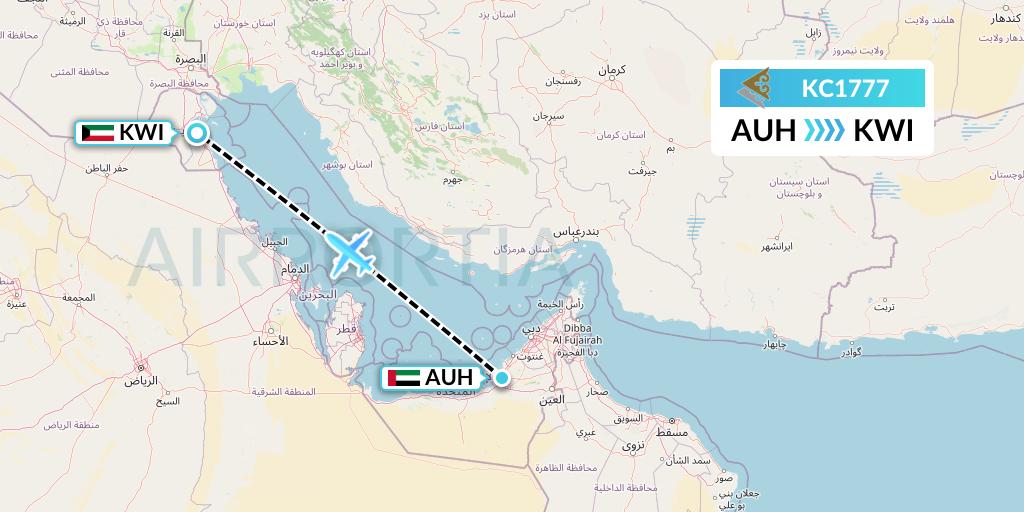 KC1777 Air Astana Flight Map: Abu Dhabi to Kuwait City