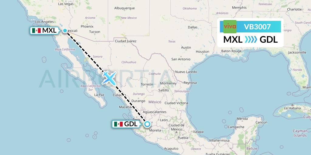 VB3007 VivaAerobus Flight Map: Mexicali to Guadalajara