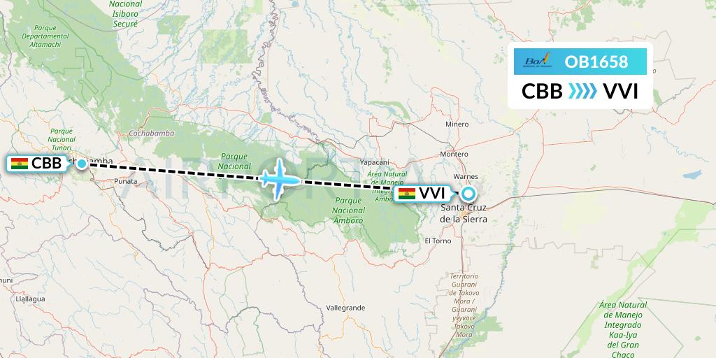 OB1658 Boliviana de Aviacion Flight Map: Cochabamba to Santa Cruz