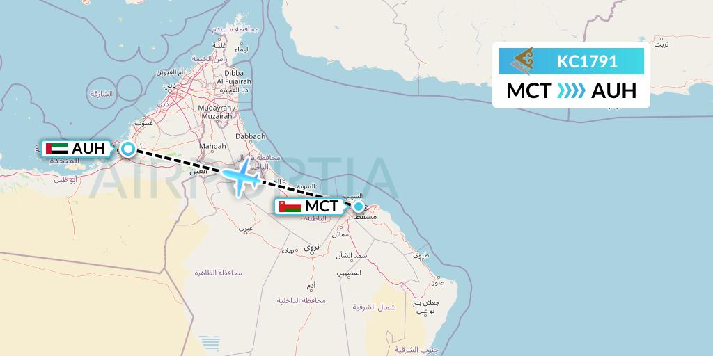 KC1791 Air Astana Flight Map: Muscat to Abu Dhabi