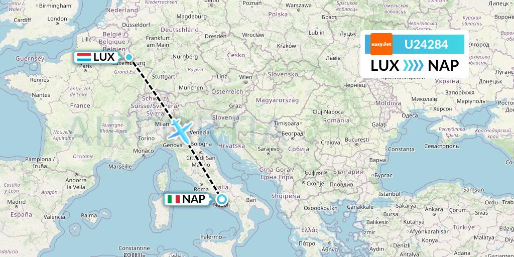 U24284 EasyJet Flight Map: Luxembourg to Naples