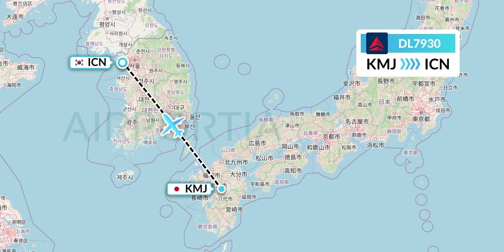 DL7930 Delta Air Lines Flight Map: Kumamoto to Seoul