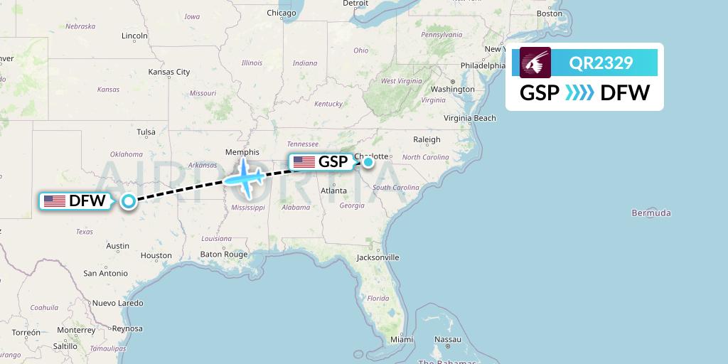 QR2329 Qatar Airways Flight Map: Greenville-Spartanburg to Dallas