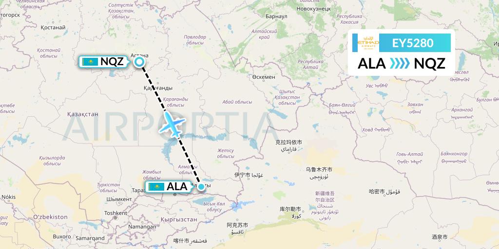 EY5280 Etihad Airways Flight Map: Almaty to Astana