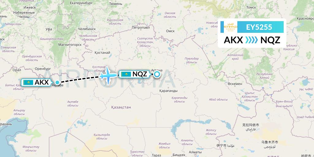 EY5255 Etihad Airways Flight Map: Aktobe to Astana