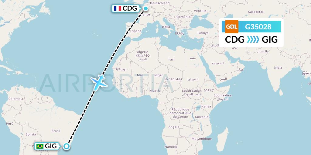 G35028 GOL Transportes Aeros Flight Map: Paris to Rio de Janeiro