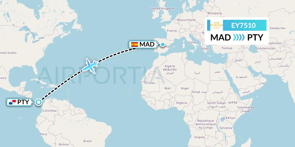 EY7510 Etihad Airways Flight Map: Madrid to Panama City