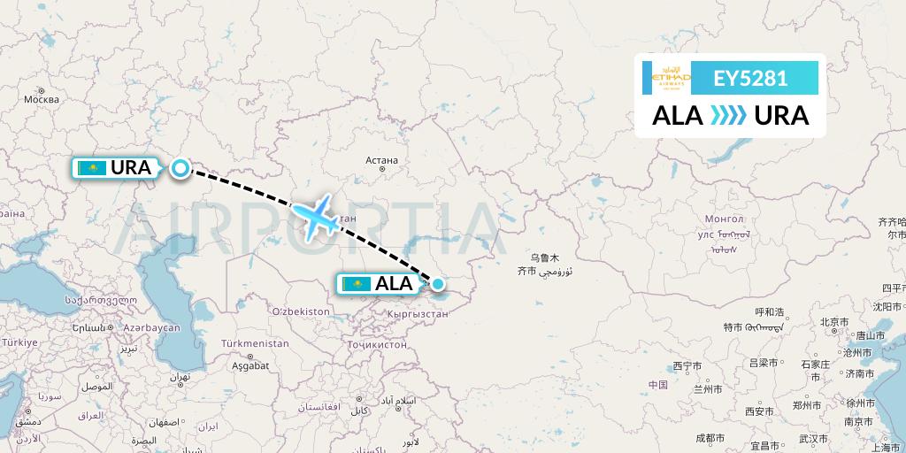 EY5281 Etihad Airways Flight Map: Almaty to Oral