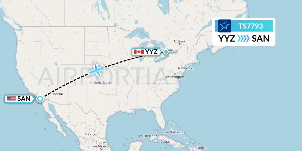 TS7793 Air Transat Flight Map: Toronto to San Diego