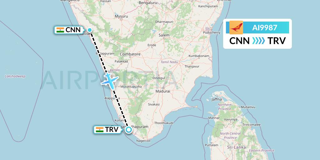 AI9987 Air India Flight Map: Mattannur to Thiruvananthapuram