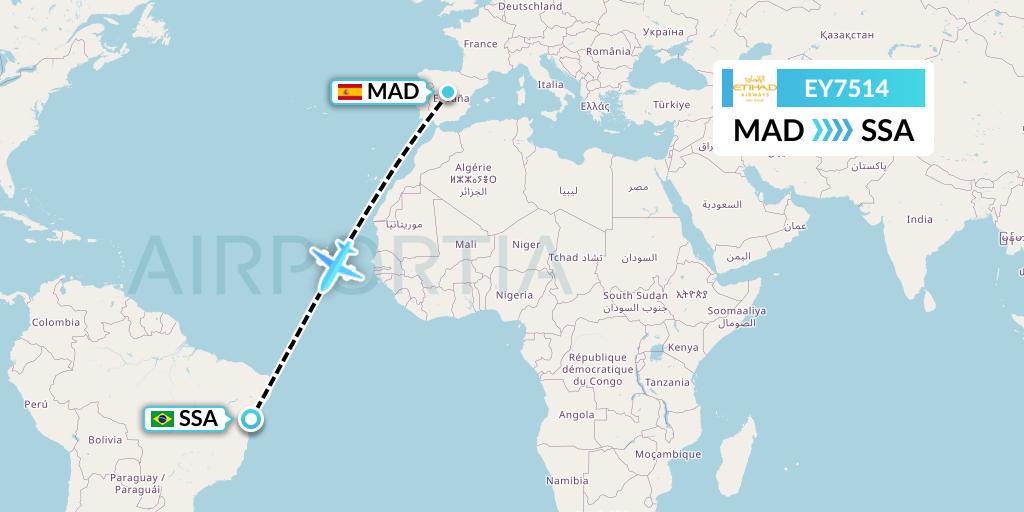 EY7514 Etihad Airways Flight Map: Madrid to Salvador