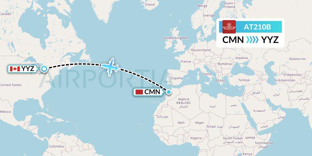 AT210B Royal Air Maroc Flight Map: Casablanca to Toronto