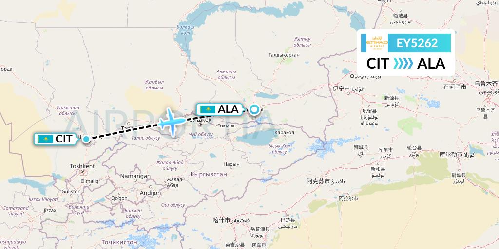EY5262 Etihad Airways Flight Map: Shymkent to Almaty