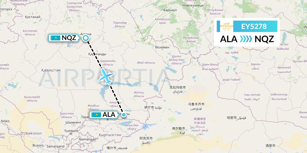 EY5278 Etihad Airways Flight Map: Almaty to Astana