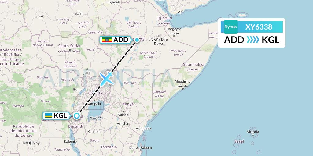 XY6338 Flynas Flight Map: Addis Ababa to Kigali