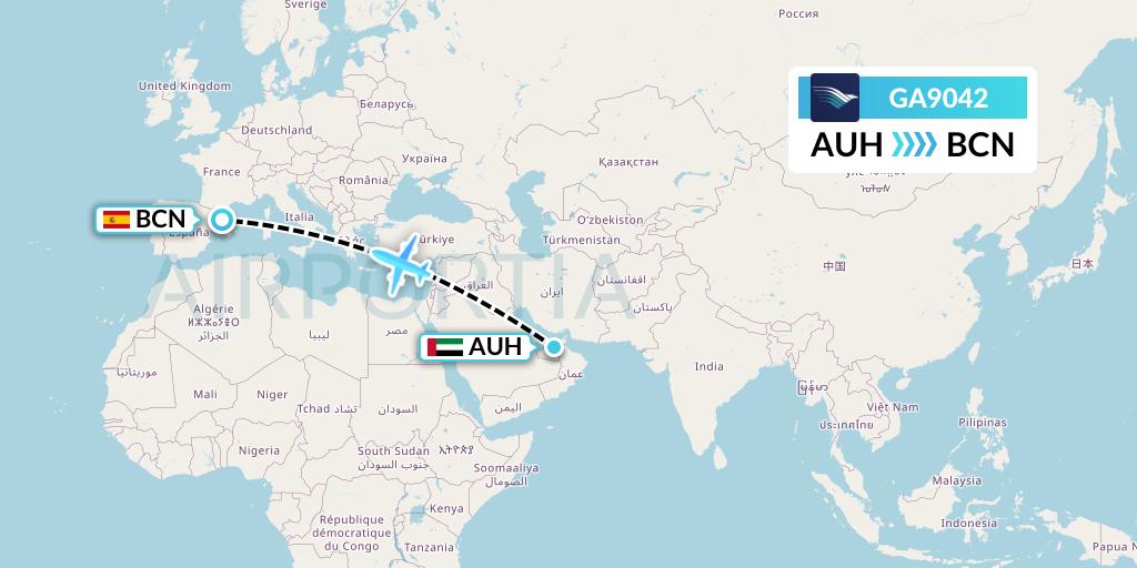 GA9042 Garuda Indonesia Flight Map: Abu Dhabi to Barcelona