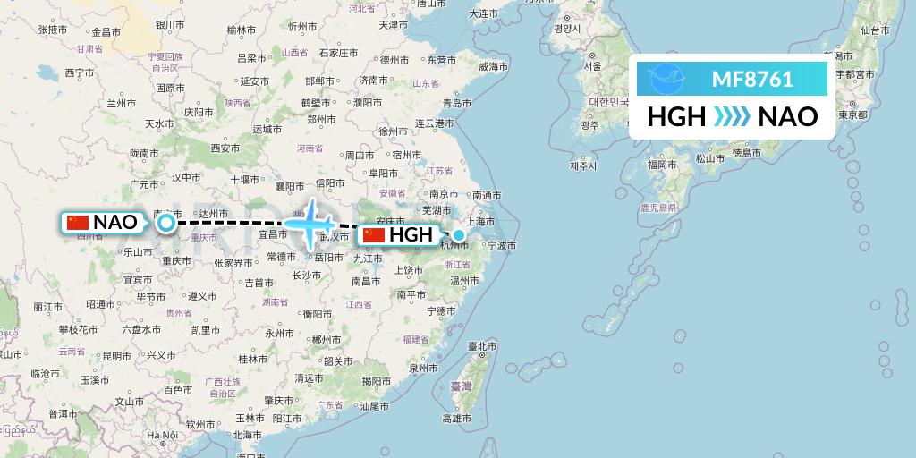 MF8761 Xiamen Airlines Flight Map: Hangzhou to Nanchong
