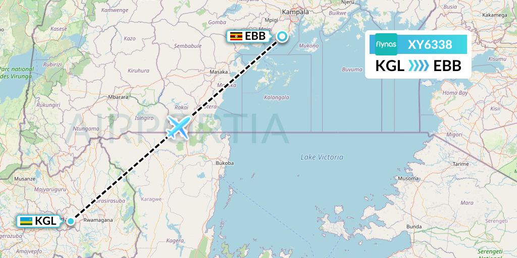 XY6338 Flynas Flight Map: Kigali to Entebbe