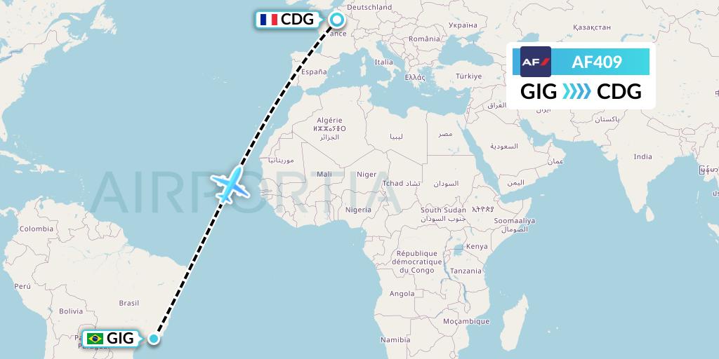 AF409 Air France Flight Map: Rio de Janeiro to Paris
