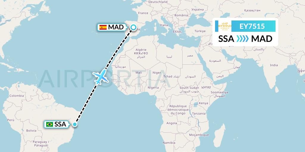 EY7515 Etihad Airways Flight Map: Salvador to Madrid