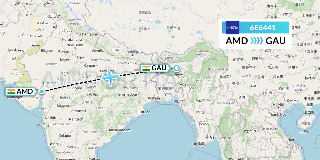 6E6441 IndiGo Airlines Flight Map: Ahmedabad to Guwahati
