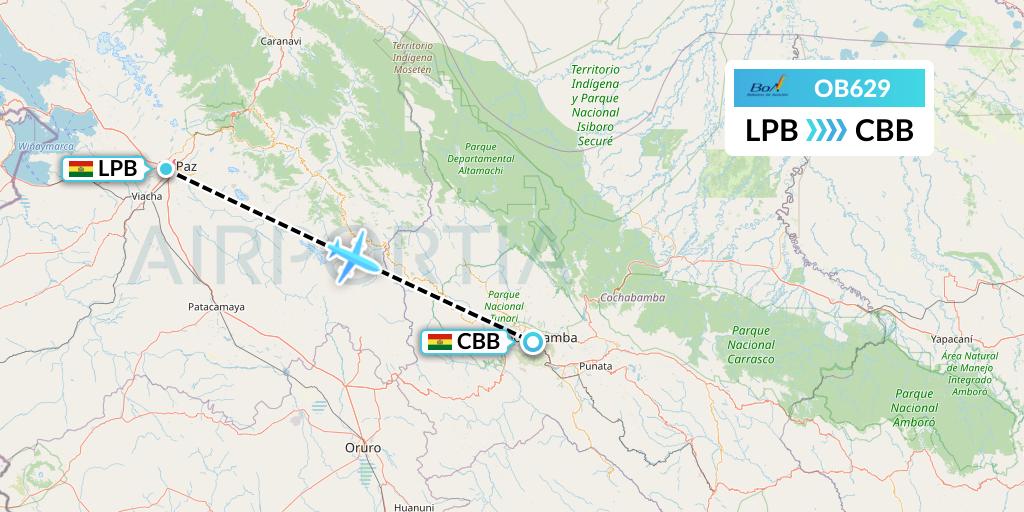 OB629 Boliviana de Aviacion Flight Map: La Paz to Cochabamba