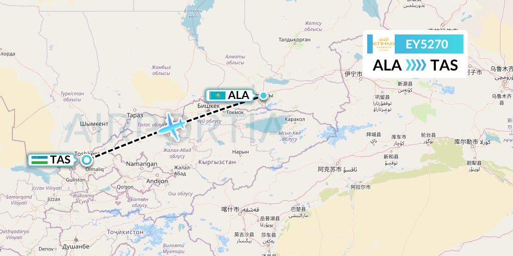 EY5270 Etihad Airways Flight Map: Almaty to Tashkent