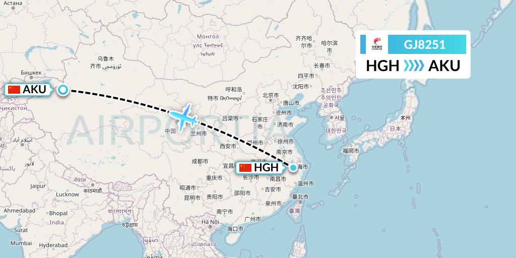 GJ8251 Loong Airlines Flight Map: Hangzhou to Aksu