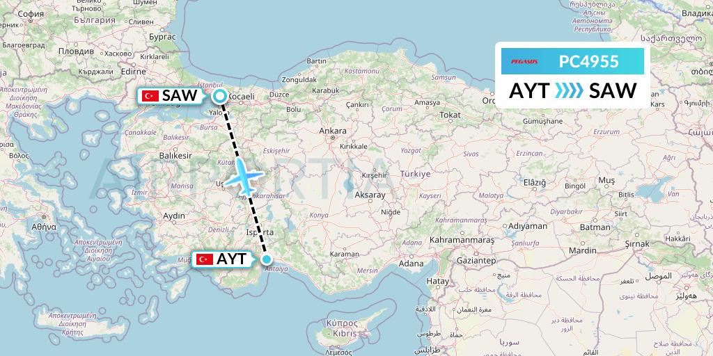 PC4955 Pegasus Airlines Flight Map: Antalya to Istanbul