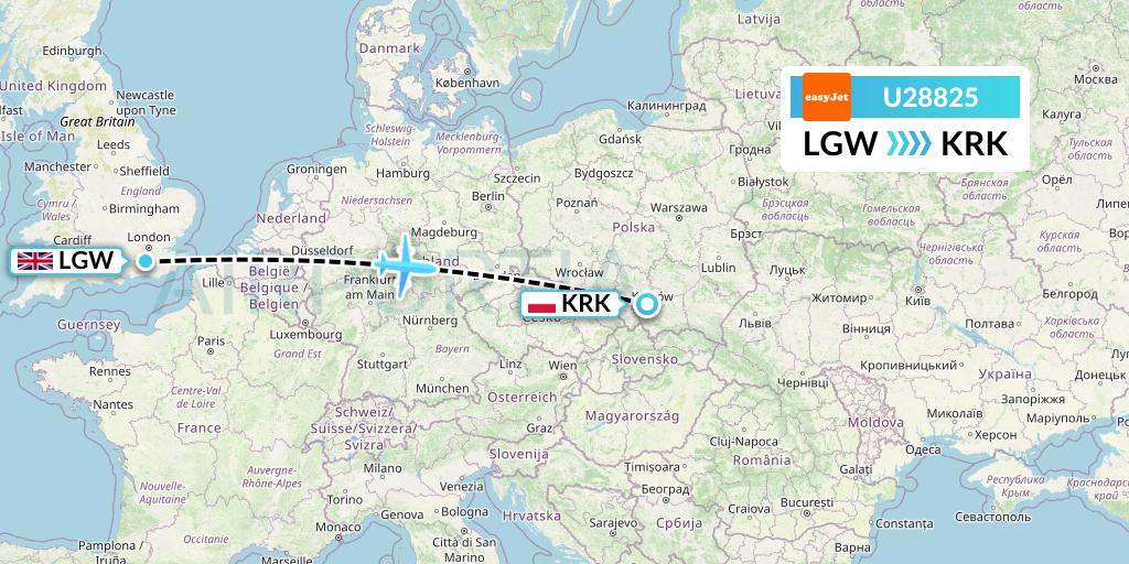 U28825 EasyJet Flight Map: London to Krakow