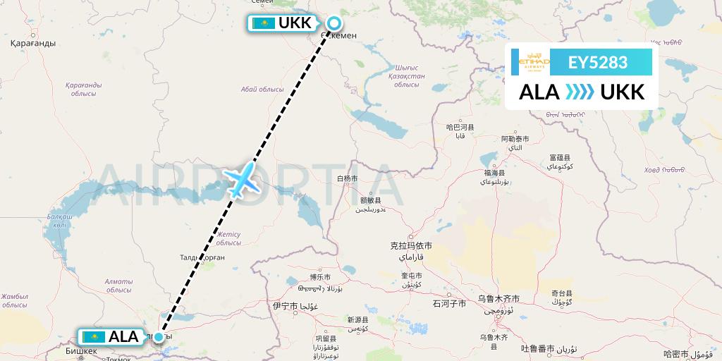 EY5283 Etihad Airways Flight Map: Almaty to Oskemen