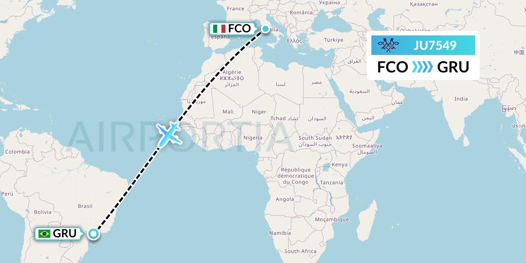 JU7549 AirSERBIA Flight Map: Rome to Sao Paulo