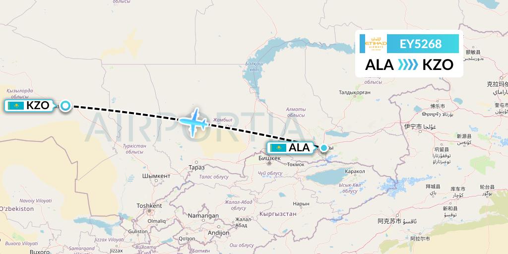 EY5268 Etihad Airways Flight Map: Almaty to Kyzylorda