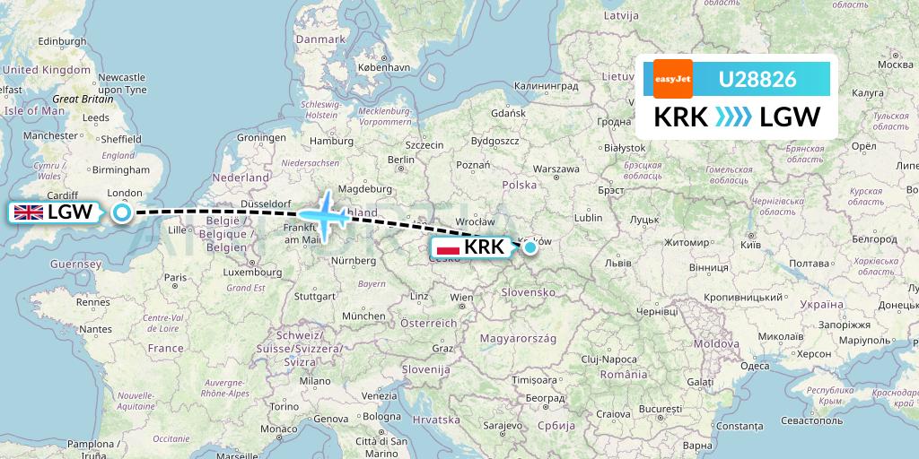 U28826 EasyJet Flight Map: Krakow to London