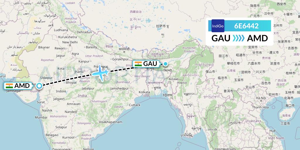6E6442 IndiGo Airlines Flight Map: Guwahati to Ahmedabad