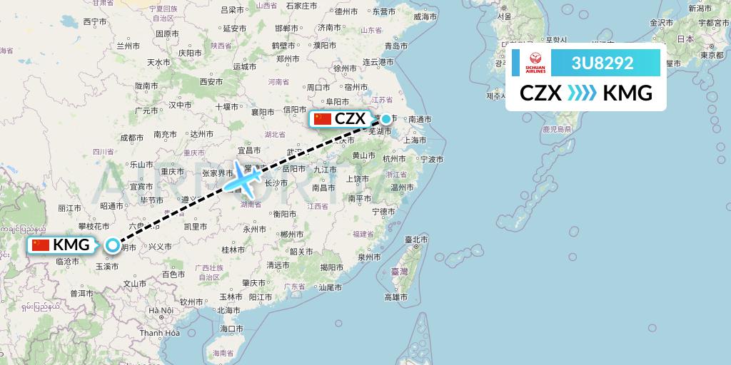 3U8292 Sichuan Airlines Flight Map: Changzhou to Kunming