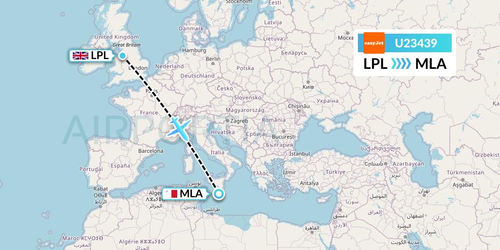 U23439 EasyJet Flight Map: Liverpool to Malta
