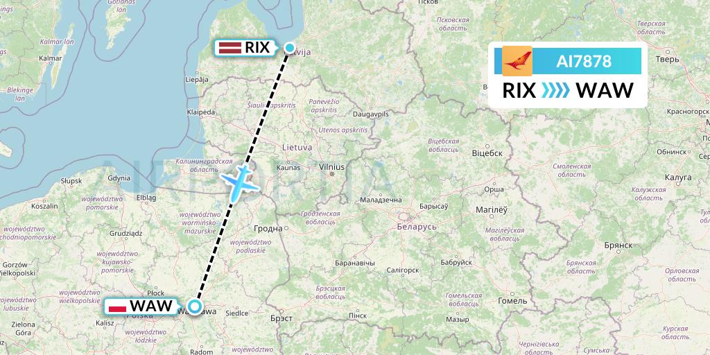 AI7878 Air India Flight Map: Riga to Warsaw