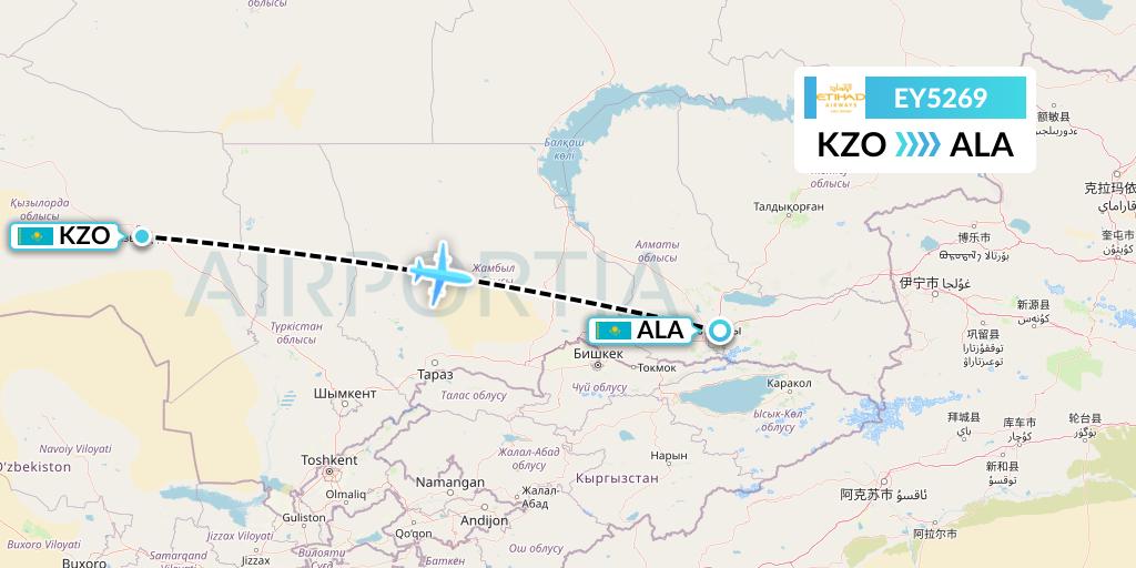 EY5269 Etihad Airways Flight Map: Kyzylorda to Almaty