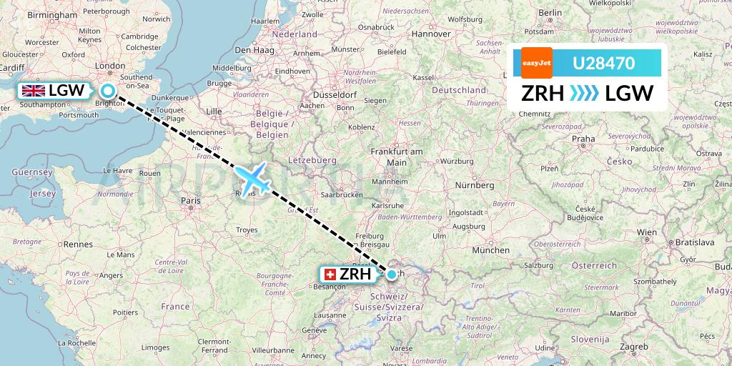 U28470 EasyJet Flight Map: Zurich to London