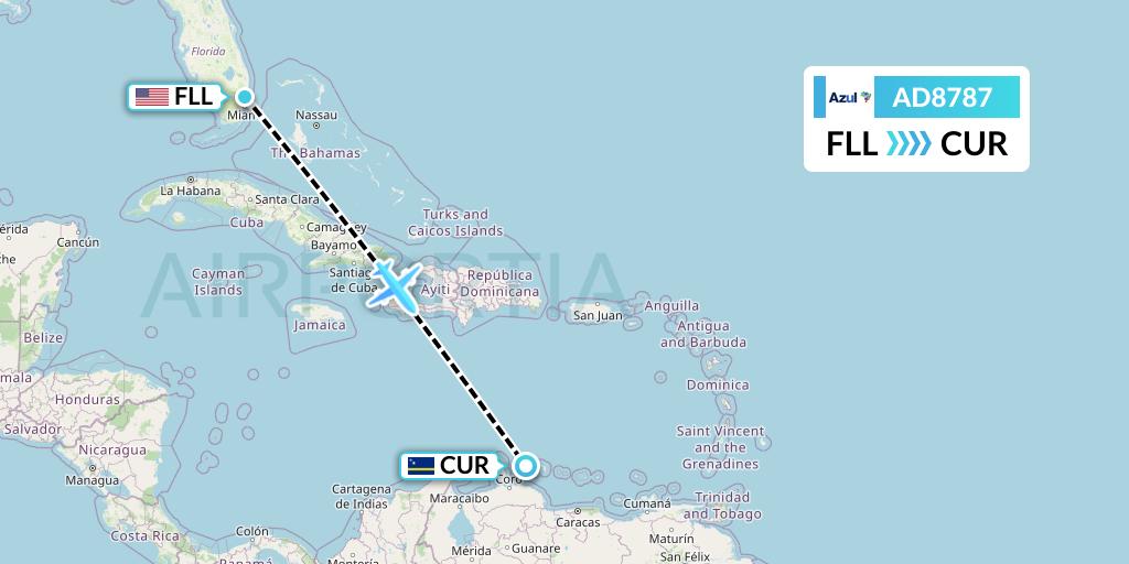AD8787 Azul Brazilian Airlines Flight Map: Fort Lauderdale to Willemstad