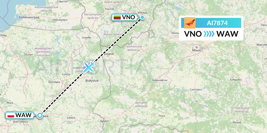 AI7874 Air India Flight Map: Vilnius to Warsaw