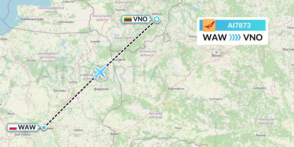 AI7873 Air India Flight Map: Warsaw to Vilnius