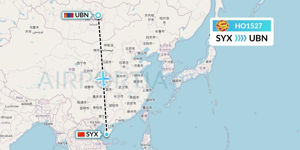 HO1527 Juneyao Airlines Flight Map: Sanya to Ulan Bator