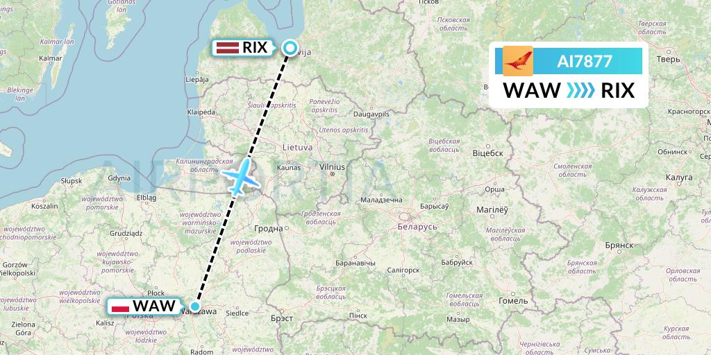 AI7877 Air India Flight Map: Warsaw to Riga