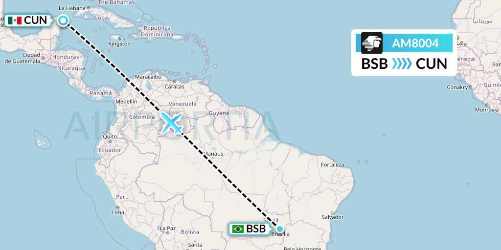 AM8004 Aeromexico Flight Map: Brasilia to Cancun