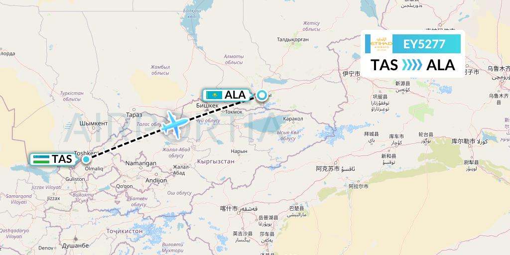 EY5277 Etihad Airways Flight Map: Tashkent to Almaty
